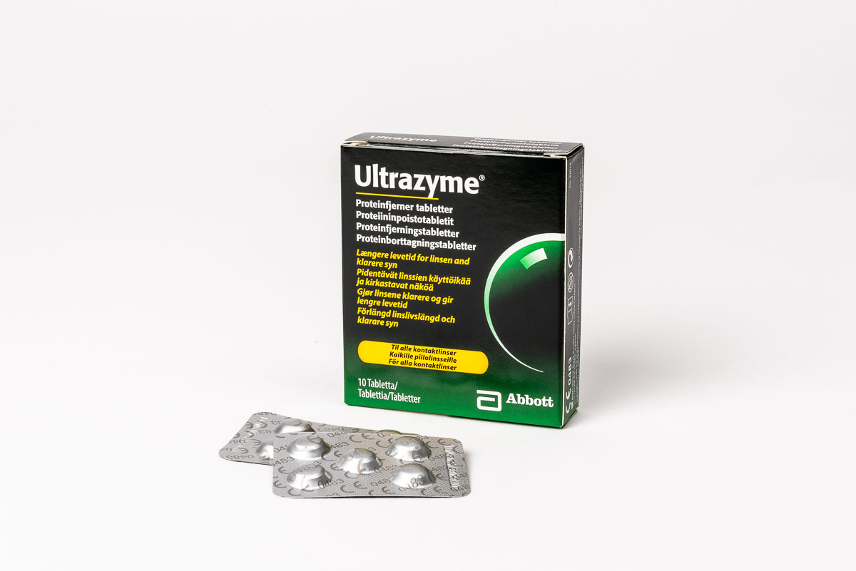 Ultrazyme – Proteinborttagningstabletter Ultrazyme proteinborttagningstabletter, avlägsnar protein från linserna och gör att linserna håller längre och ger en klarare syn.